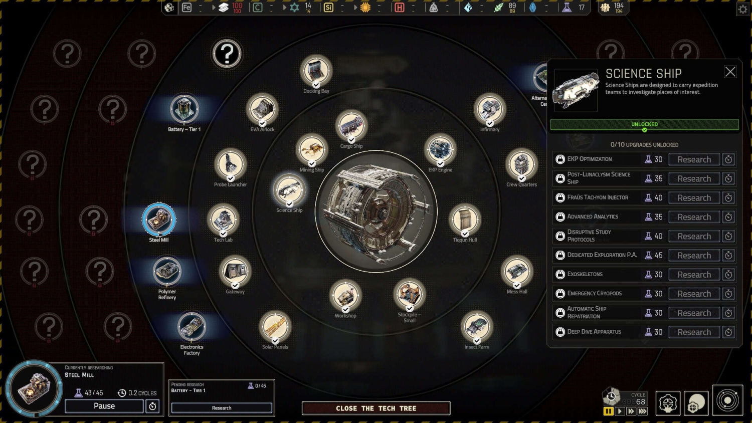 Circular technology research tree from a sci-fi game with various tech icons and a Science Ship upgrade panel
