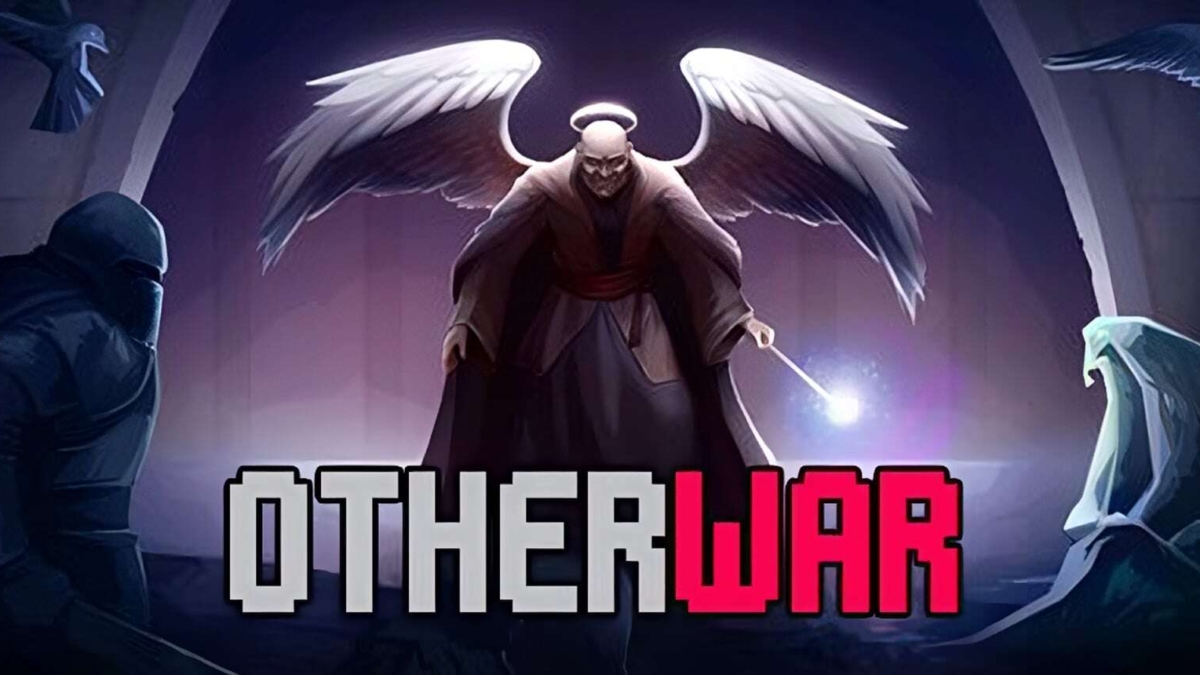 Dark fantasy characters surround illuminated Otherwar game title with a winged figure holding a glowing wand