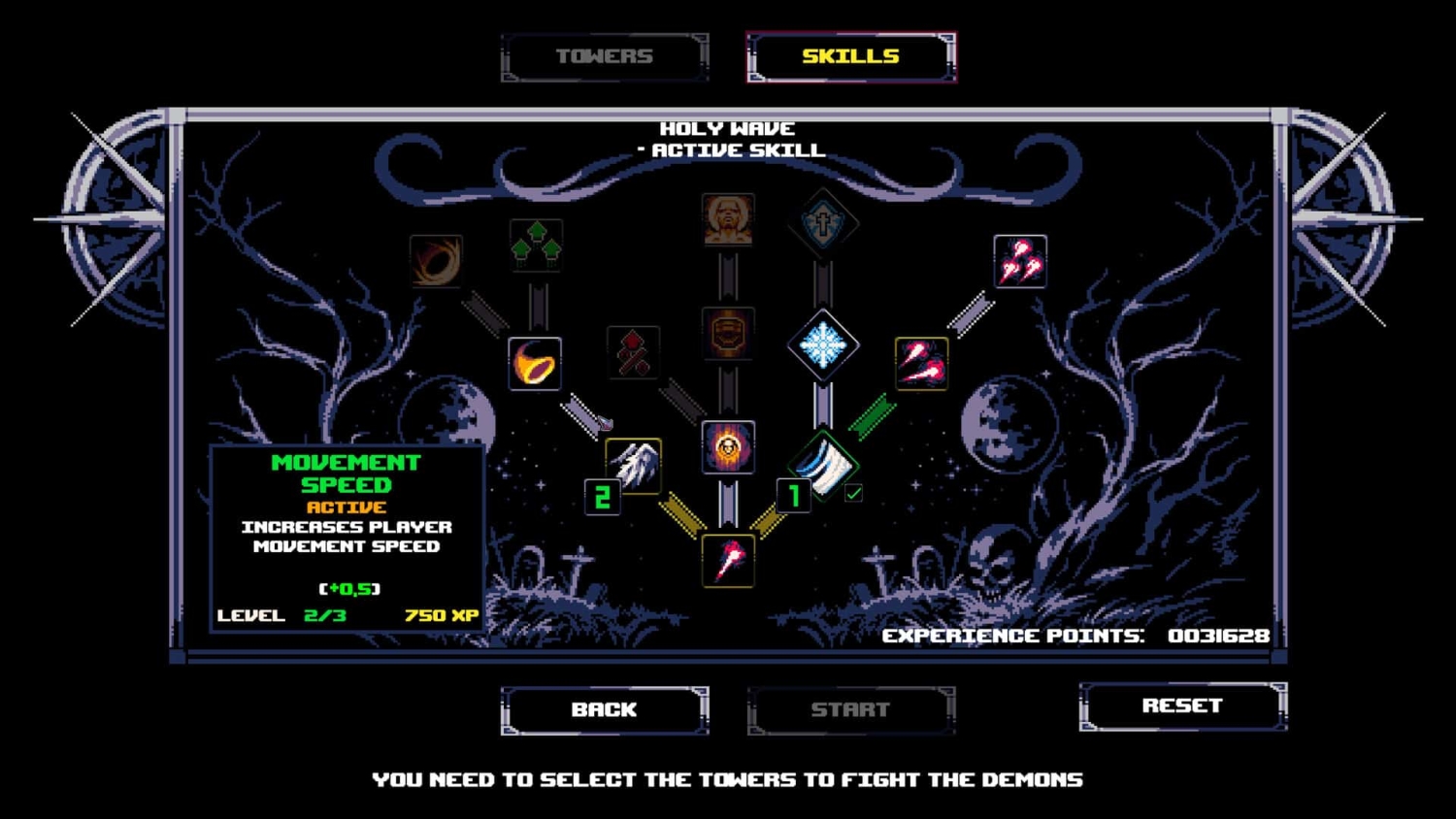 Pixel art skill tree menu showing skills and upgrades with icons and a description of movement speed increasing player speed