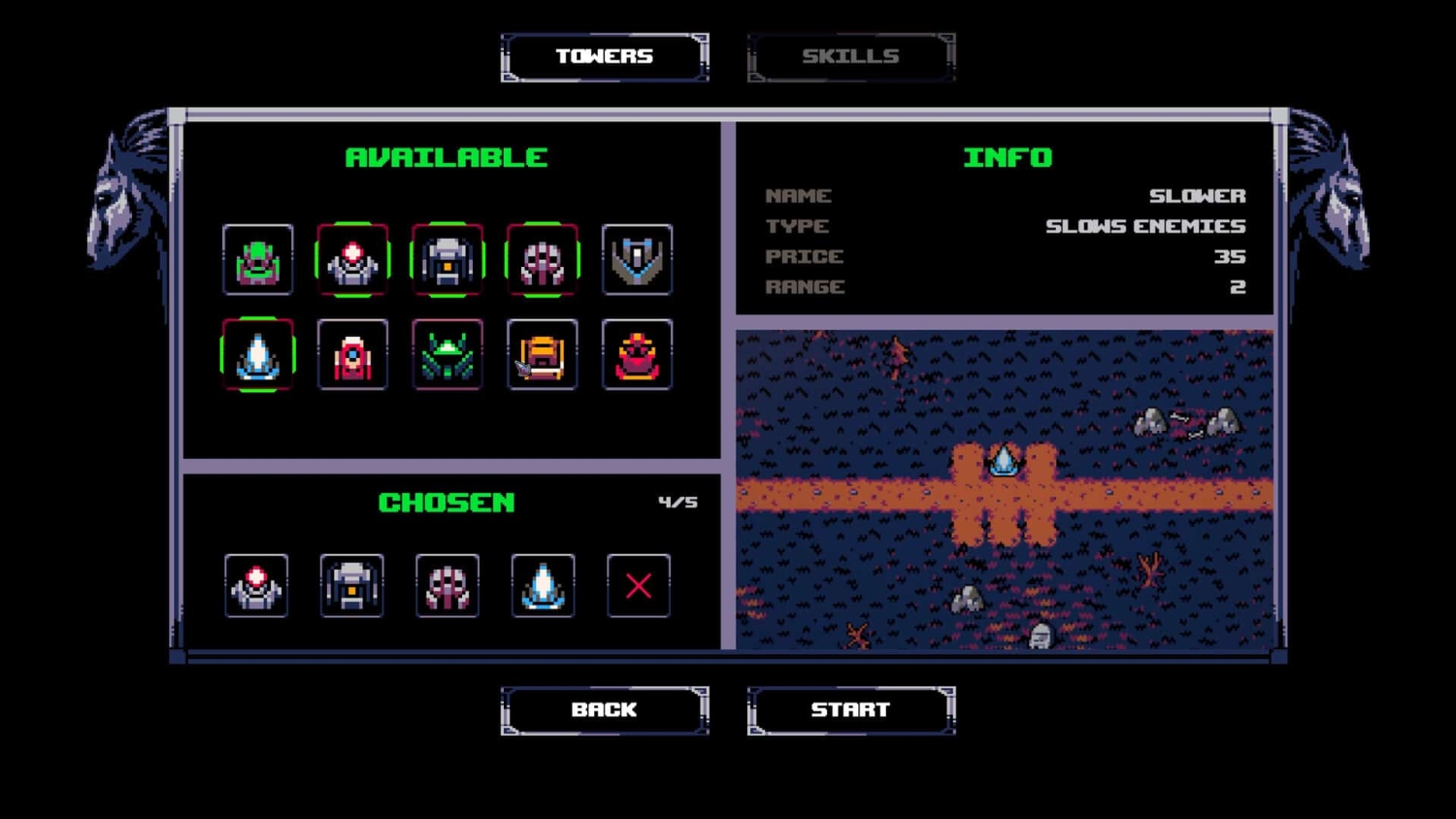 Pixel art interface showing available and chosen towers with stats and mini map