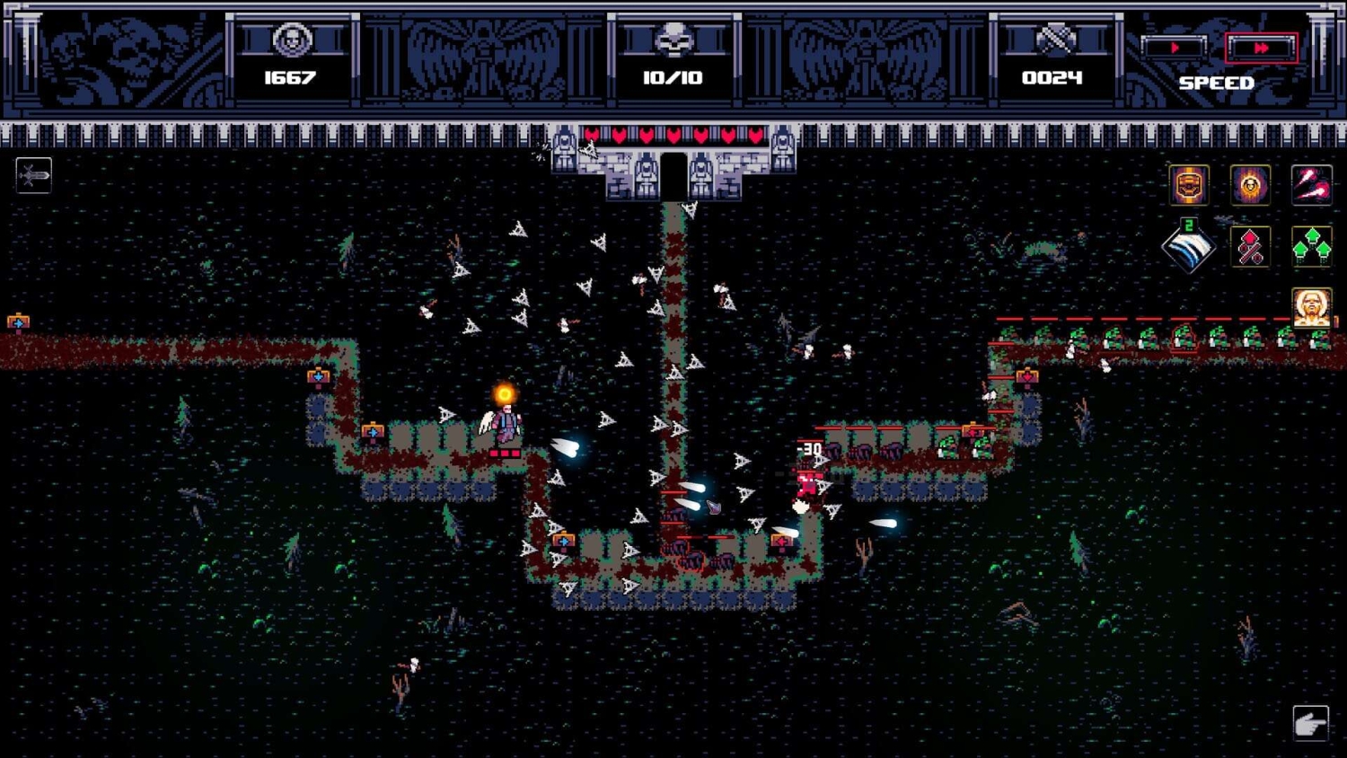 Pixel art tower defence gameplay showing multiple enemies and projectiles on a dark, pixelated map with a castle at the top centre