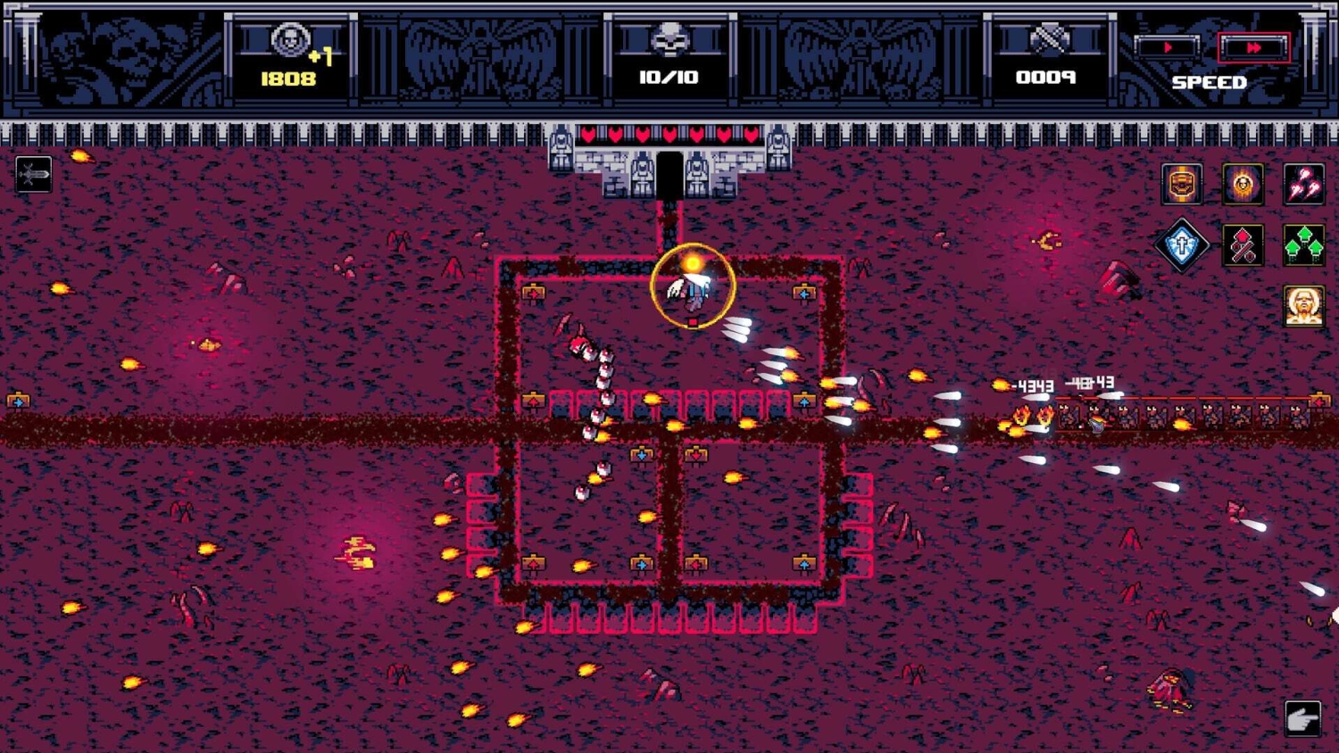 Pixel art tower defence gameplay showing a character firing multiple projectiles on a dark red battlefield with enemies approaching a fortress