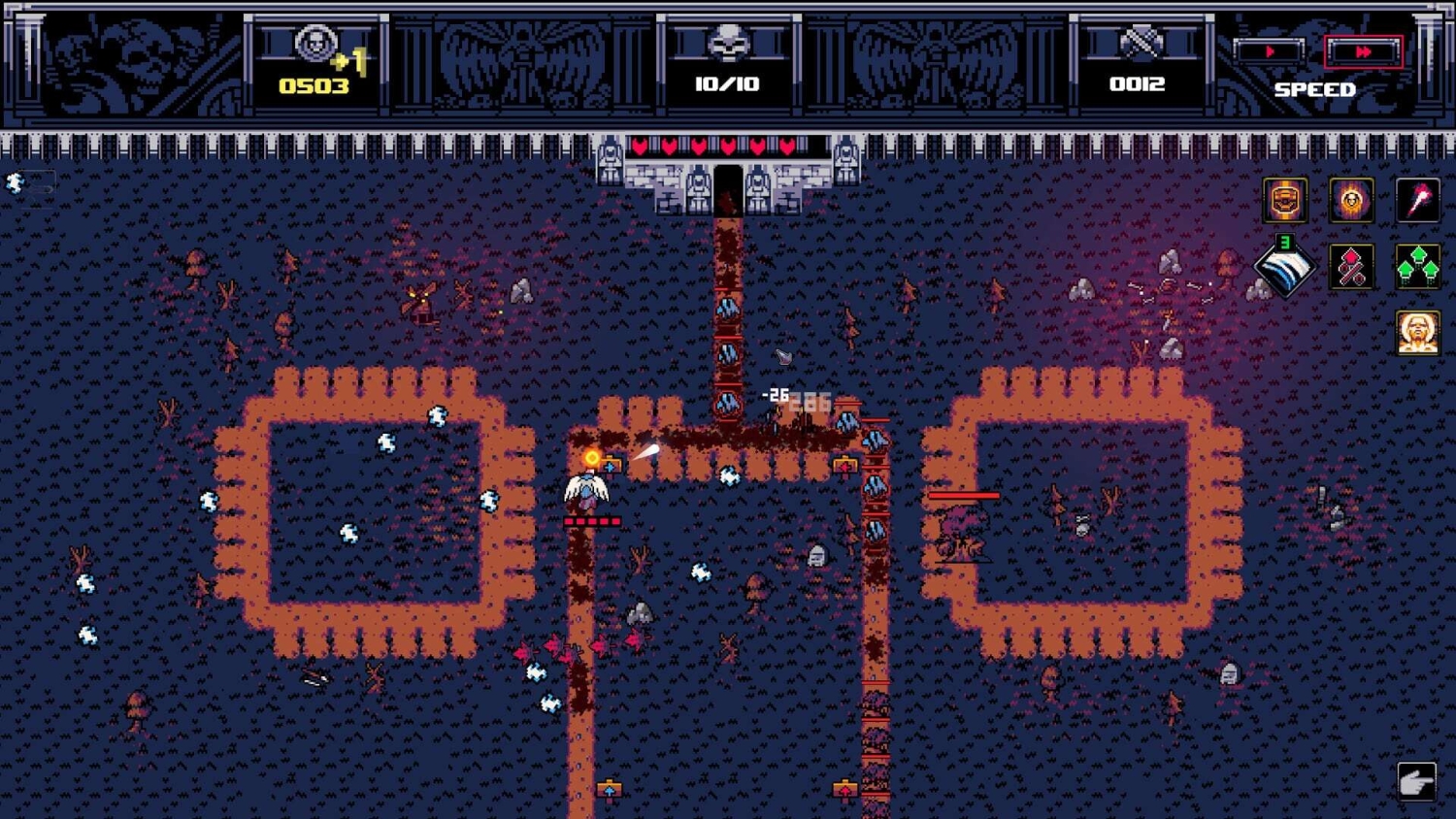 Top-down pixel art tower defence game screen with enemies moving along dirt paths towards a castle guarded by statues