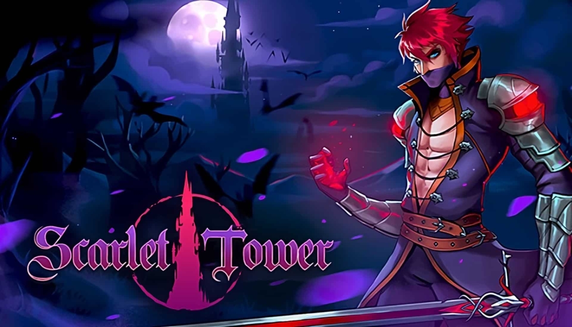 Dark fantasy scene with a red-haired warrior holding a glowing sword under a full moon and a tall tower