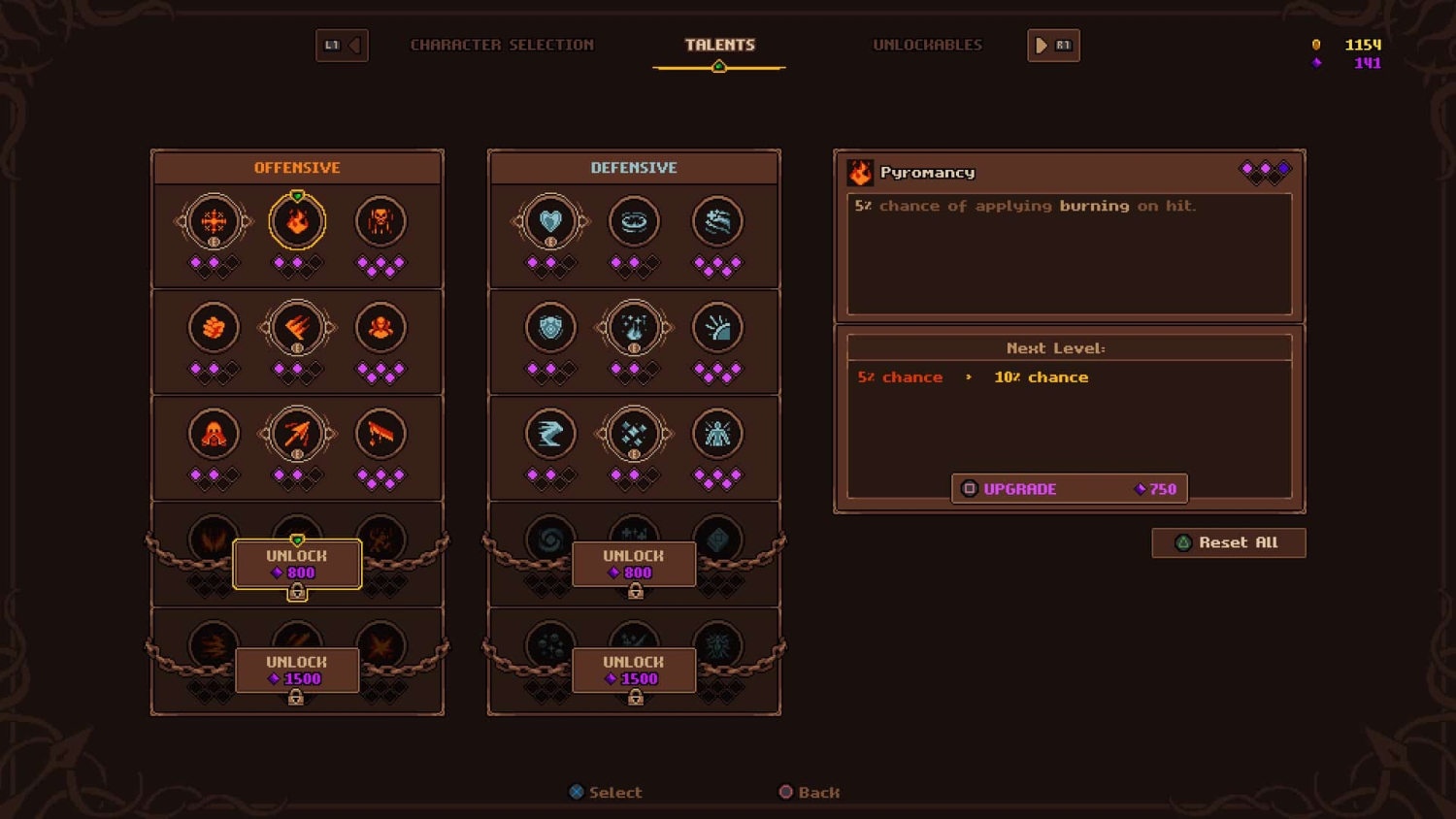 Talents menu divided into offensive and defensive abilities with unlock and upgrade options