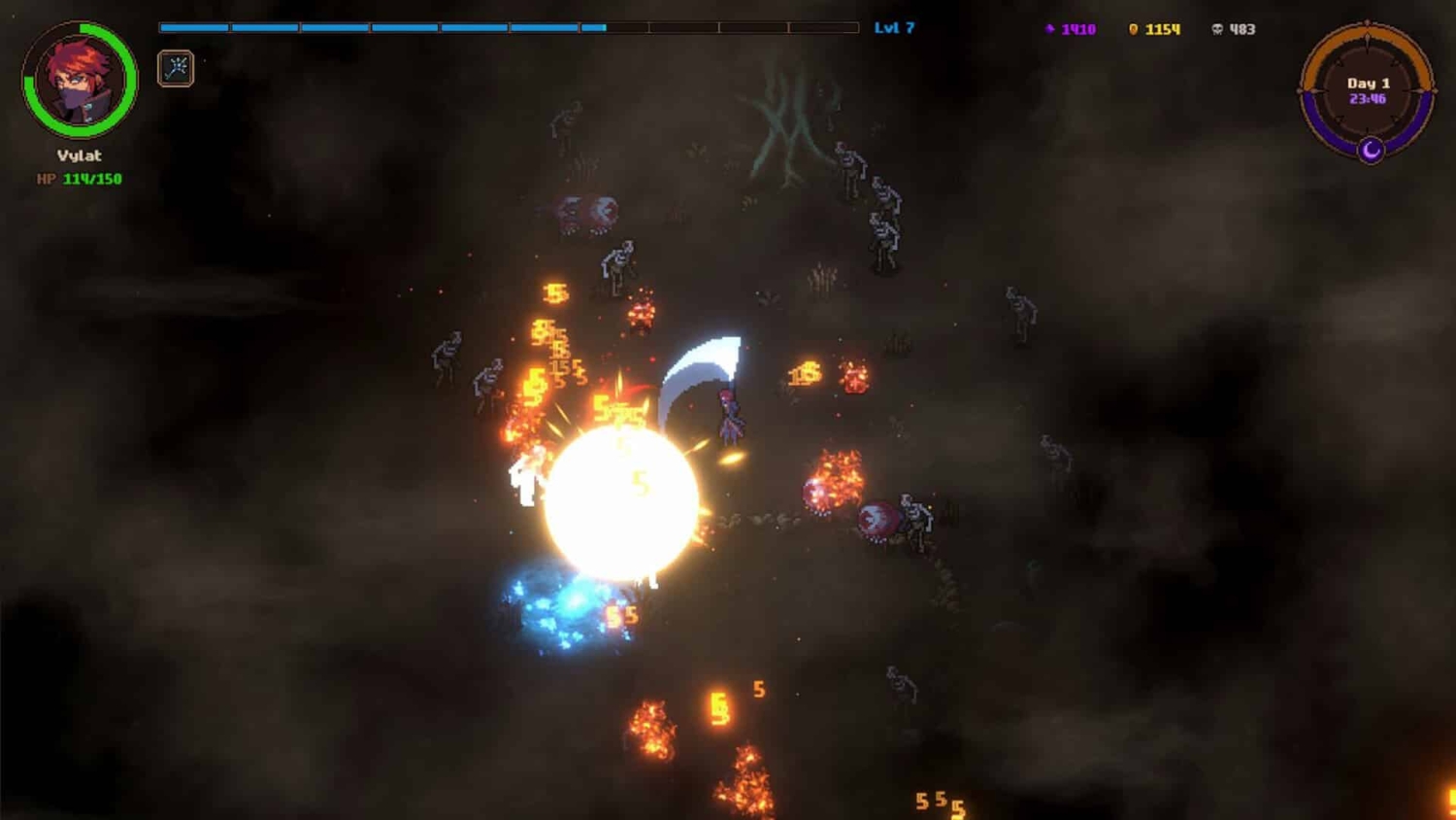 Top-down pixel art character fighting surrounded by skeletons and fiery explosions