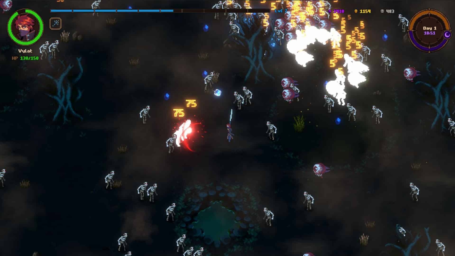 Top-down pixel art character wielding a sword fights skeleton enemies and floating eyeball monsters in dark forest