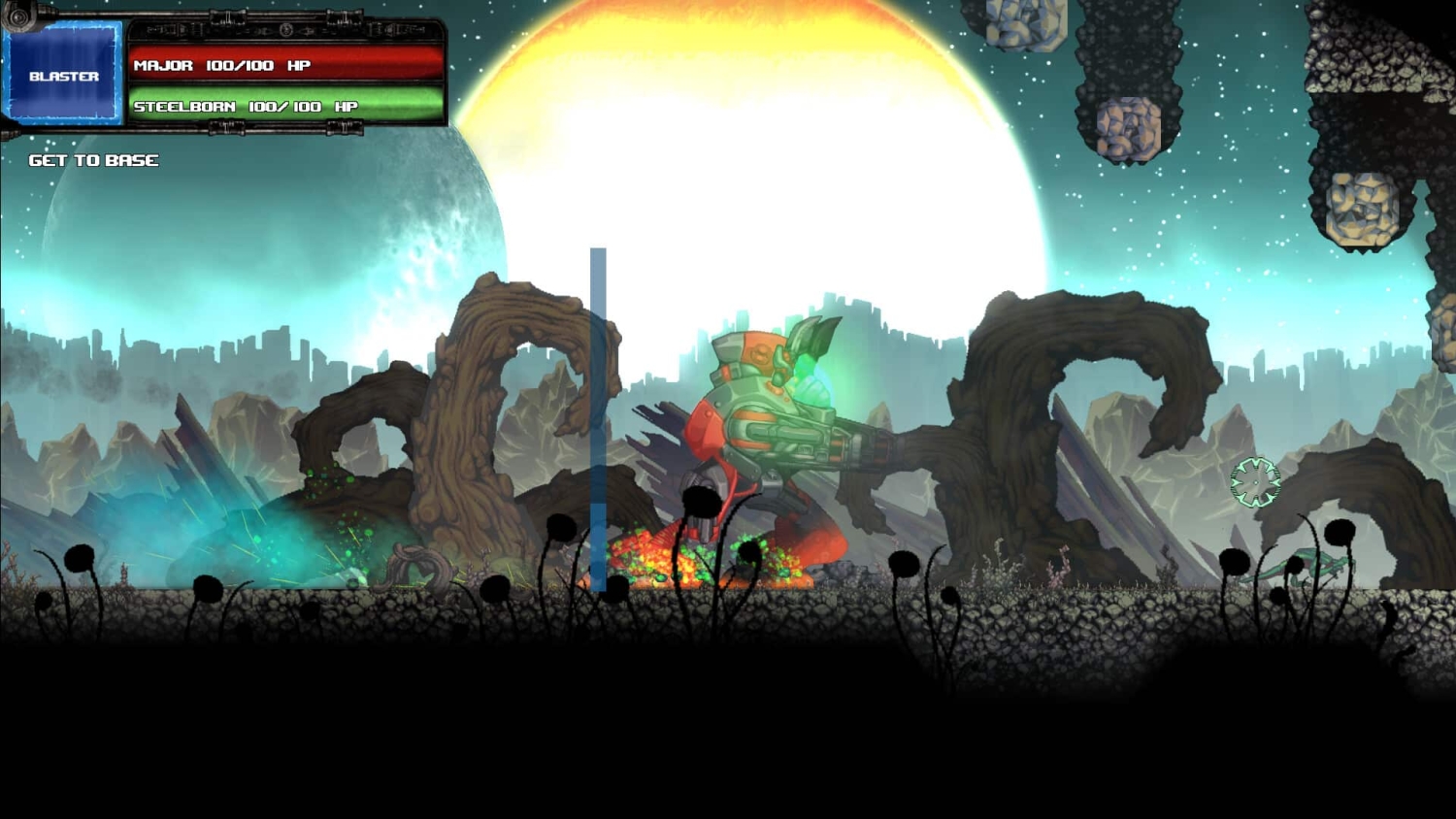 Red and grey mech firing weapon in rocky alien landscape under a large bright sun