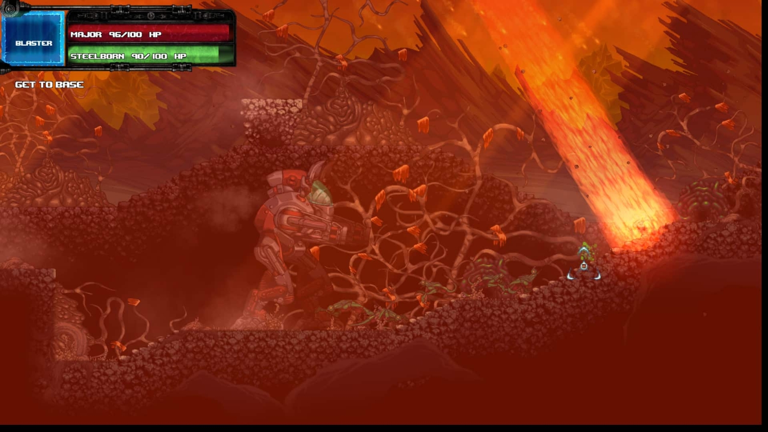 Side-scrolling game scene showing a large mech and a small character near a flowing river of lava in a rocky environment