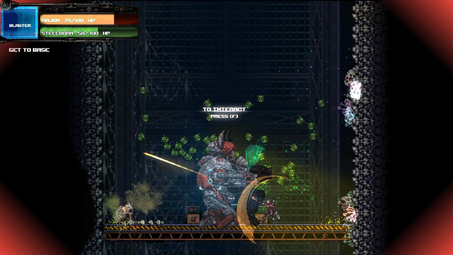Side-scrolling game scene showing a large mech suit fighting bio-organic enemies on an industrial platform