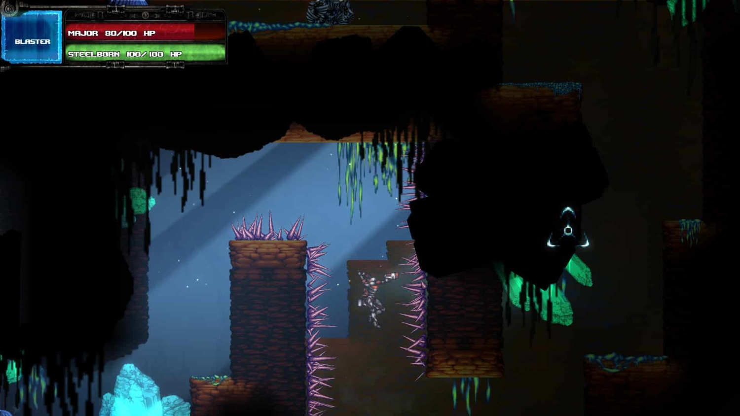 Robotic character jumps through narrow cavern section surrounded by spiked platforms and glowing crystals