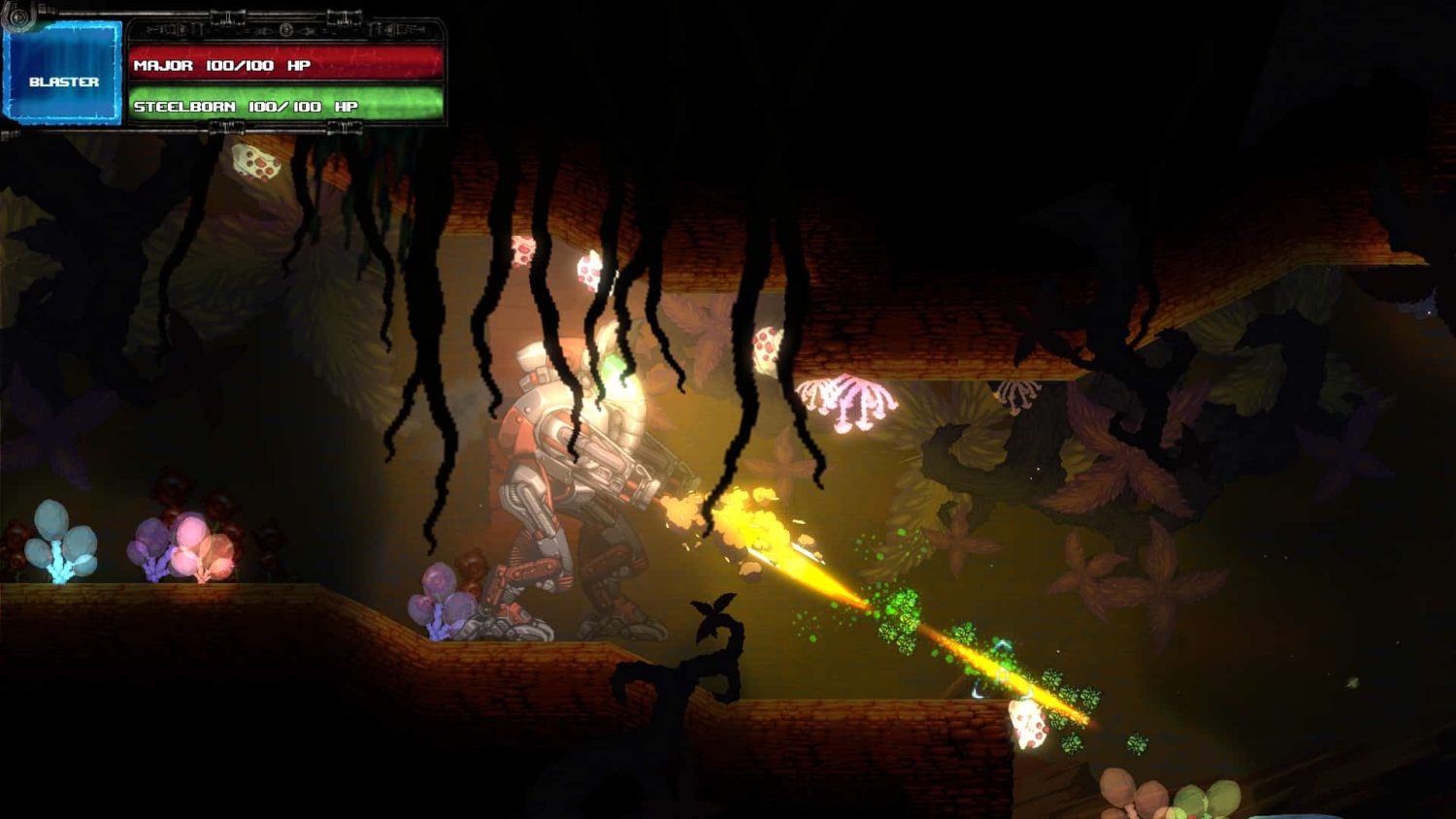 Robot mech firing a bright yellow beam weapon in a dark cavern filled with glowing mushrooms and twisted vines