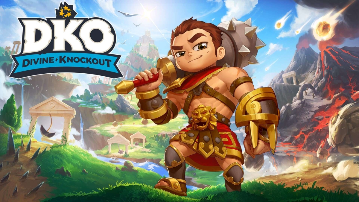Chibi-style muscular character in armour holding giant spiked mace with volcanic landscape in background