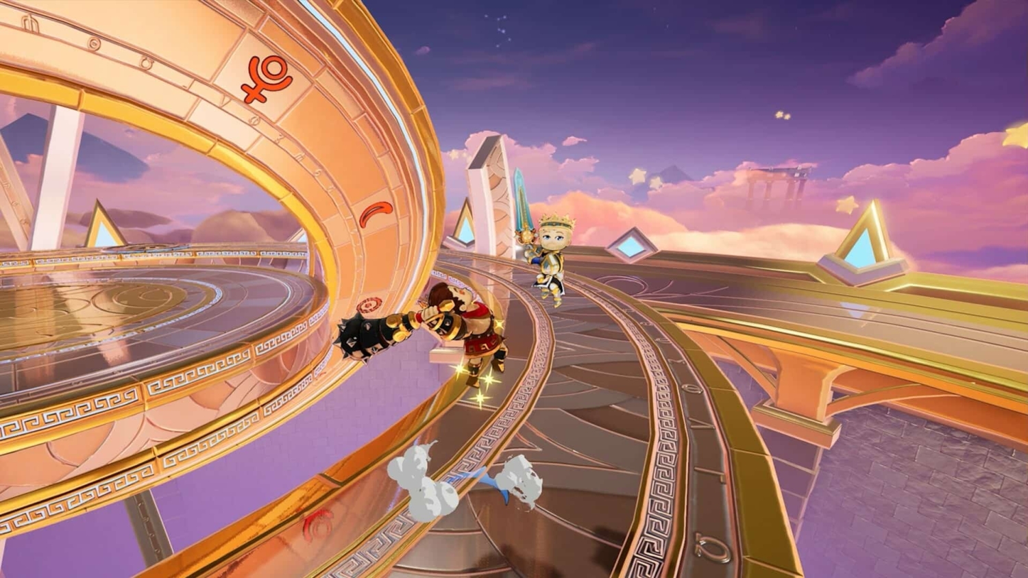 Two chibi characters clash on a circular sky arena with sunset and pink clouds background