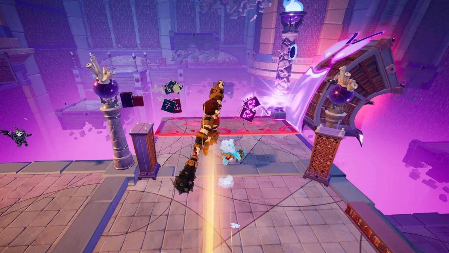 Two cartoon-style characters fight with glowing weapons on a floating platform inside a mystical arena