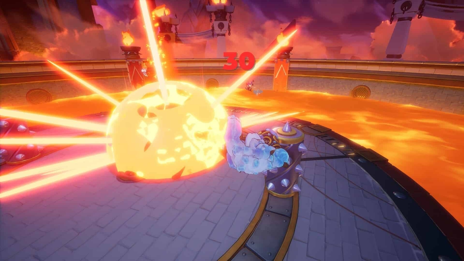 Character unleashes a large fiery explosion in a circular arena surrounded by bubbling lava