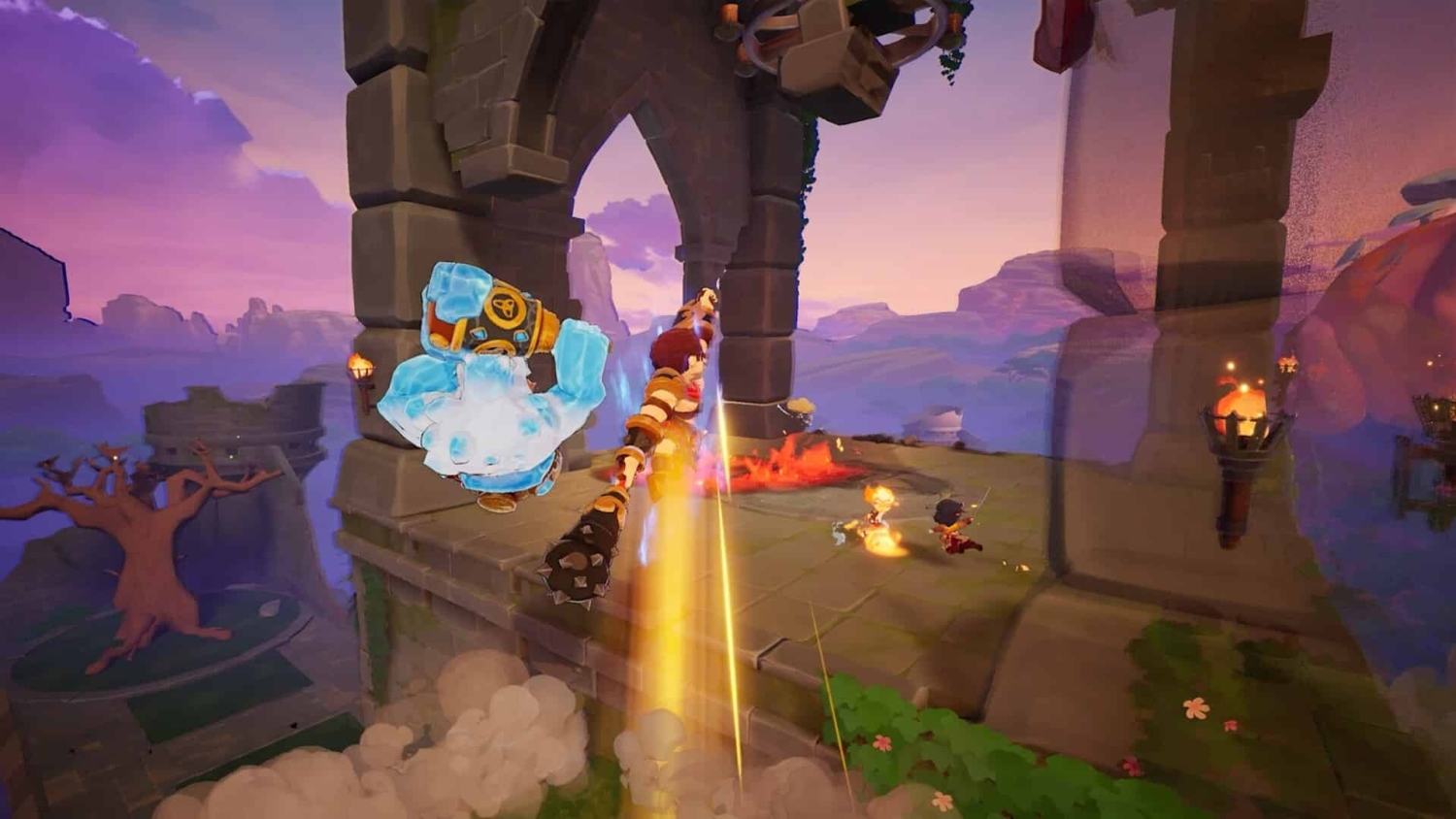 Characters in a lively fight on a medieval stone platform with torches, overlooking a vast mountain landscape at sunset