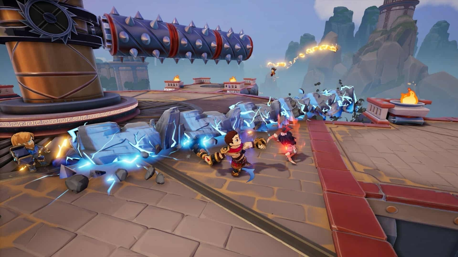 Chibi characters battling on a floating platform with magical stone wall and large spiked hammer trap