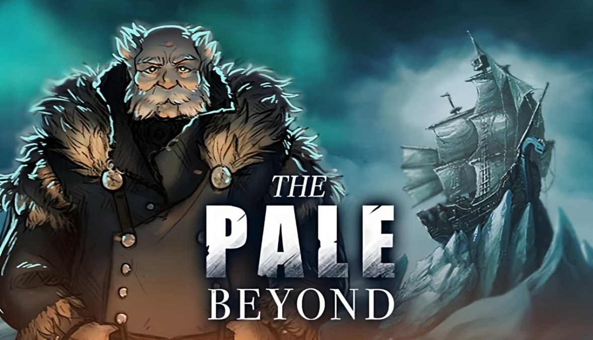 Illustration of an older man with a fur coat and a ship encountering icebergs in a stormy sea from The Pale Beyond