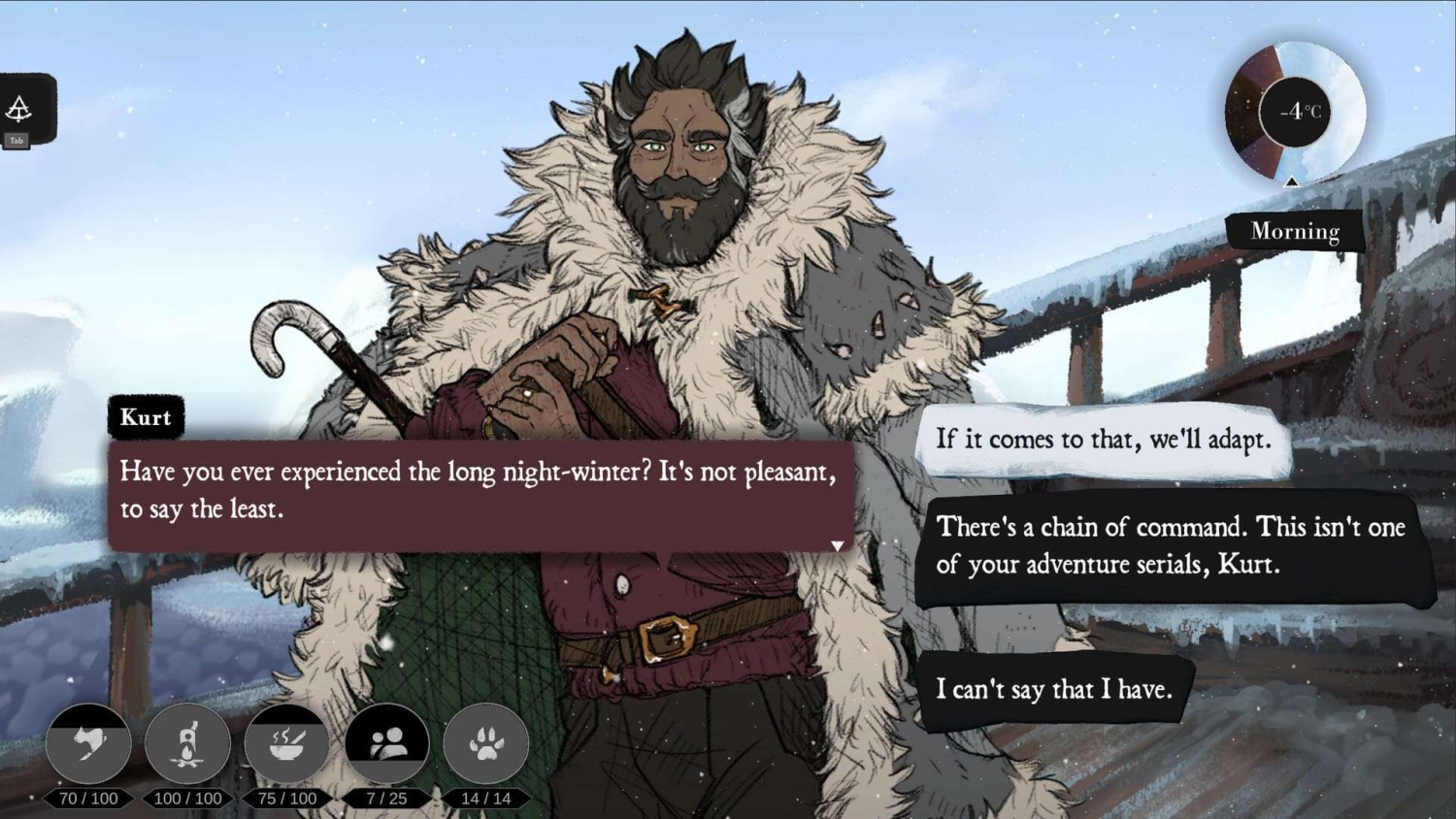 Bearded man in heavy fur coat holds walking stick and speaks on snowy ship deck with dialogue choices visible