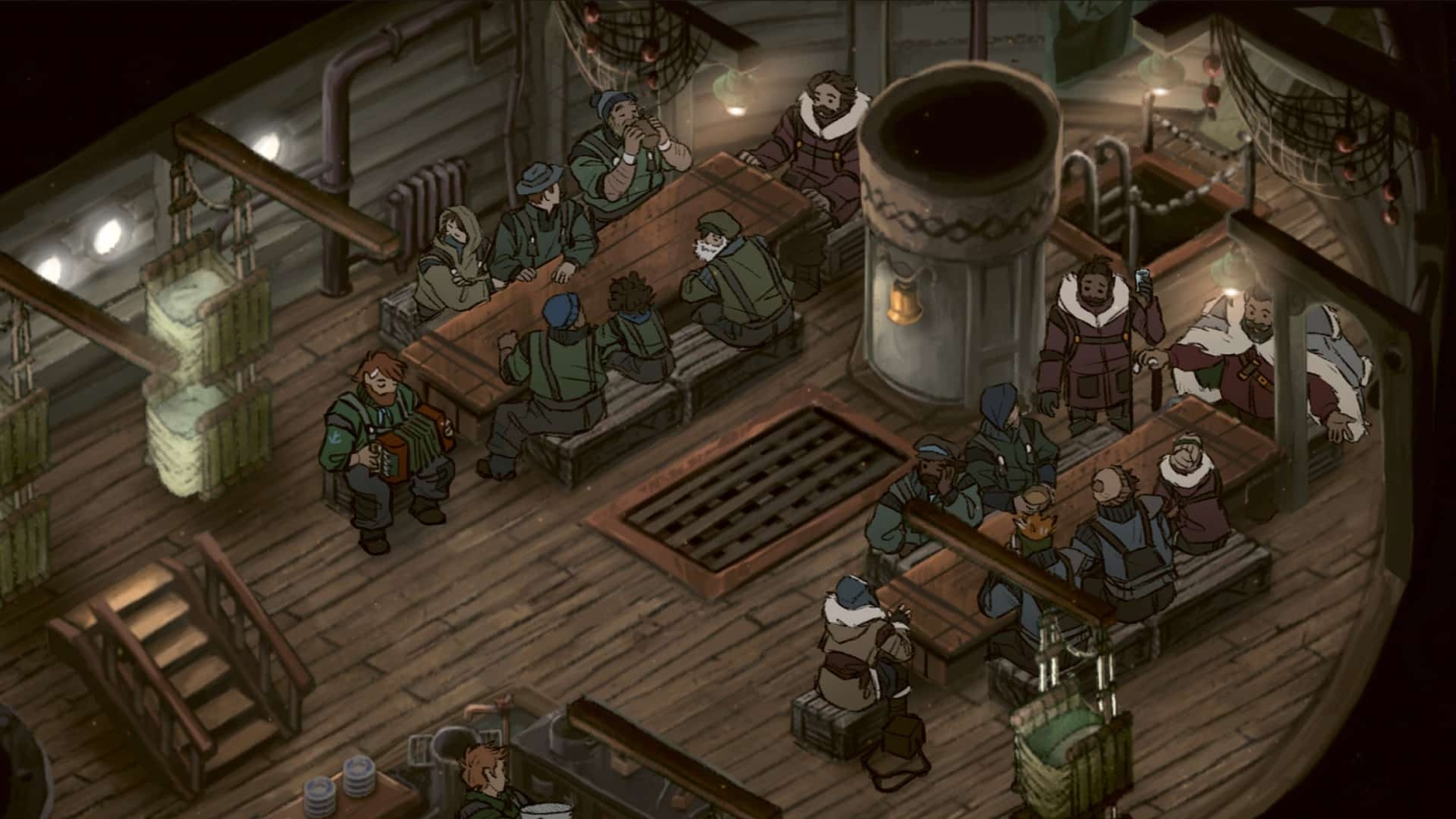 Several crew members inside a wooden ship cabin sitting at tables, one playing an accordion, others engaged in conversation and drinking