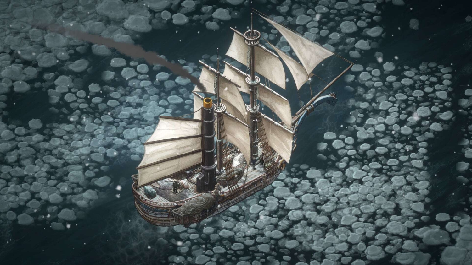 Three-masted sailing ship with smokestack and sails navigating through fragmented ice