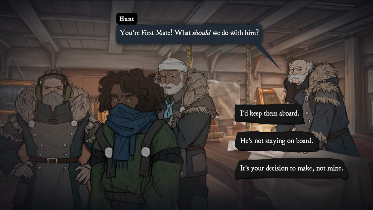 Four characters in fur-lined coats inside a wooden ship cabin with dialogue choices on screen