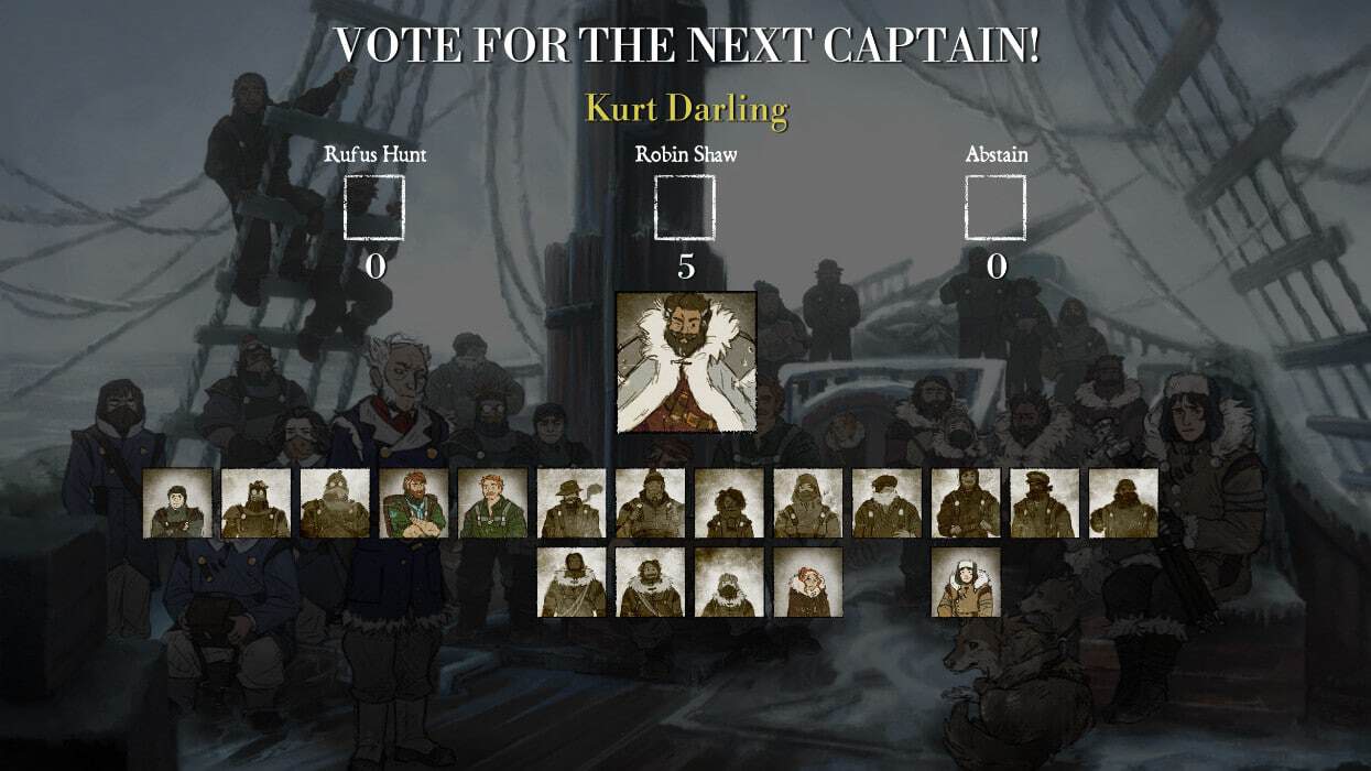 Vote tally screen showing character portraits and vote counts for next captain selection
