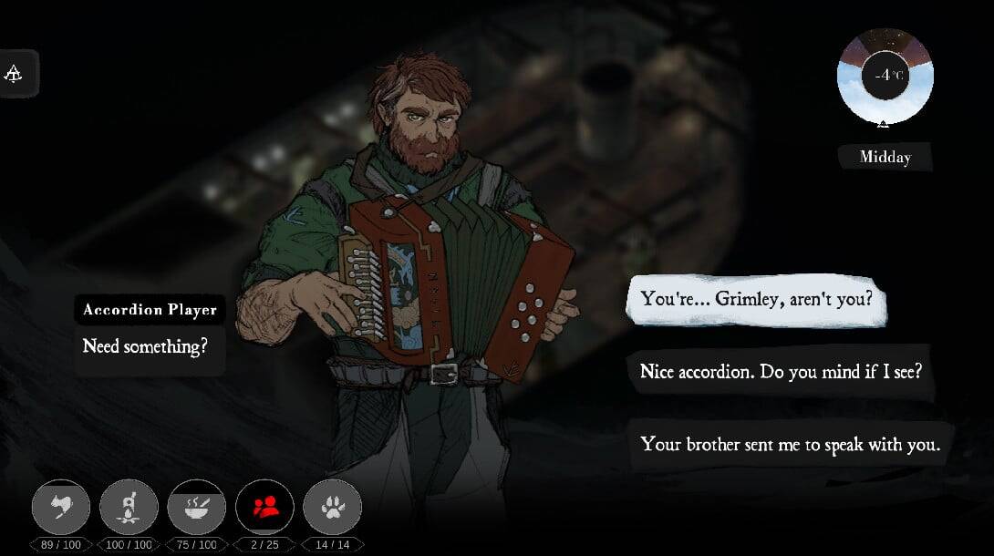 Bearded man in green shirt playing an accordion with multiple dialogue choices on screen