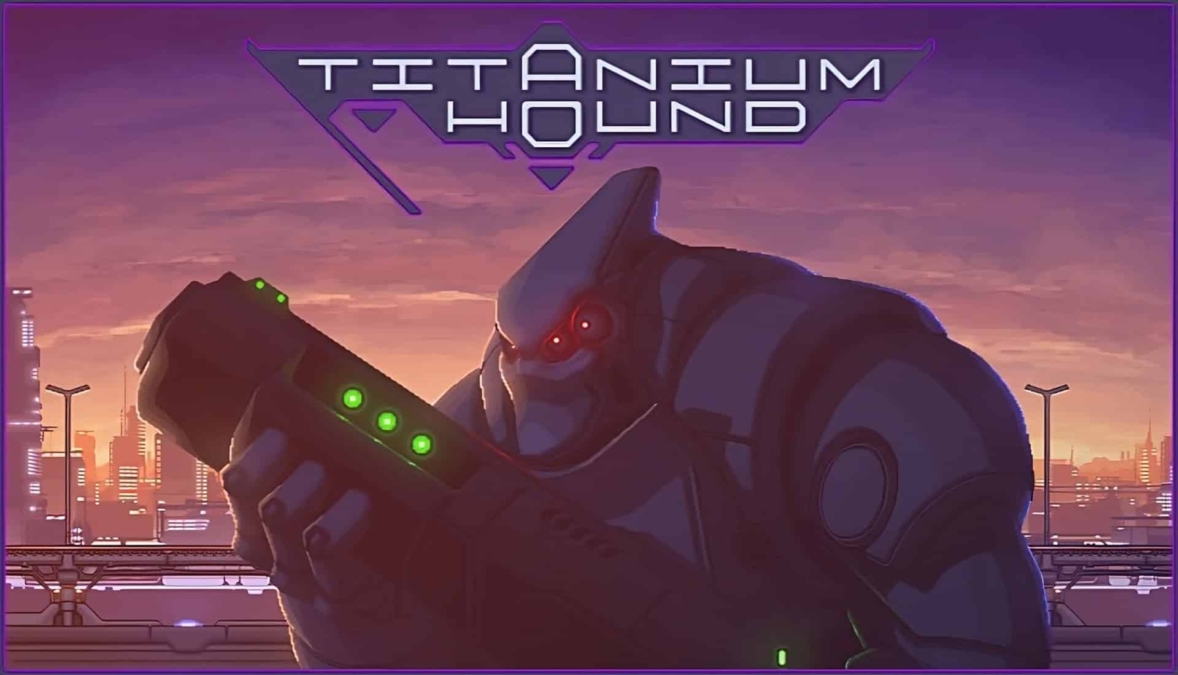 A large robotic mech with glowing red eyes holding a futuristic gun against a sunset city backdrop