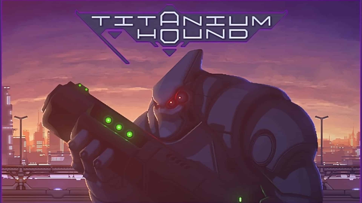A large robotic mech with glowing red eyes holding a futuristic gun against a sunset city backdrop