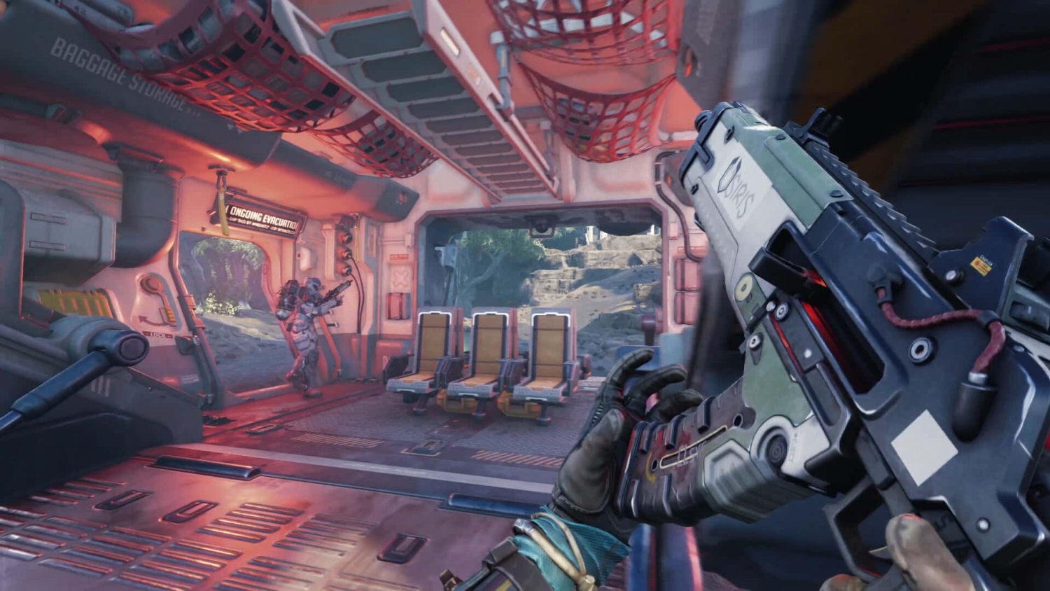 Futuristic spaceship combat scene First-person view of a player holding a futuristic rifle inside a spaceship cabin with another armed figure near the open door