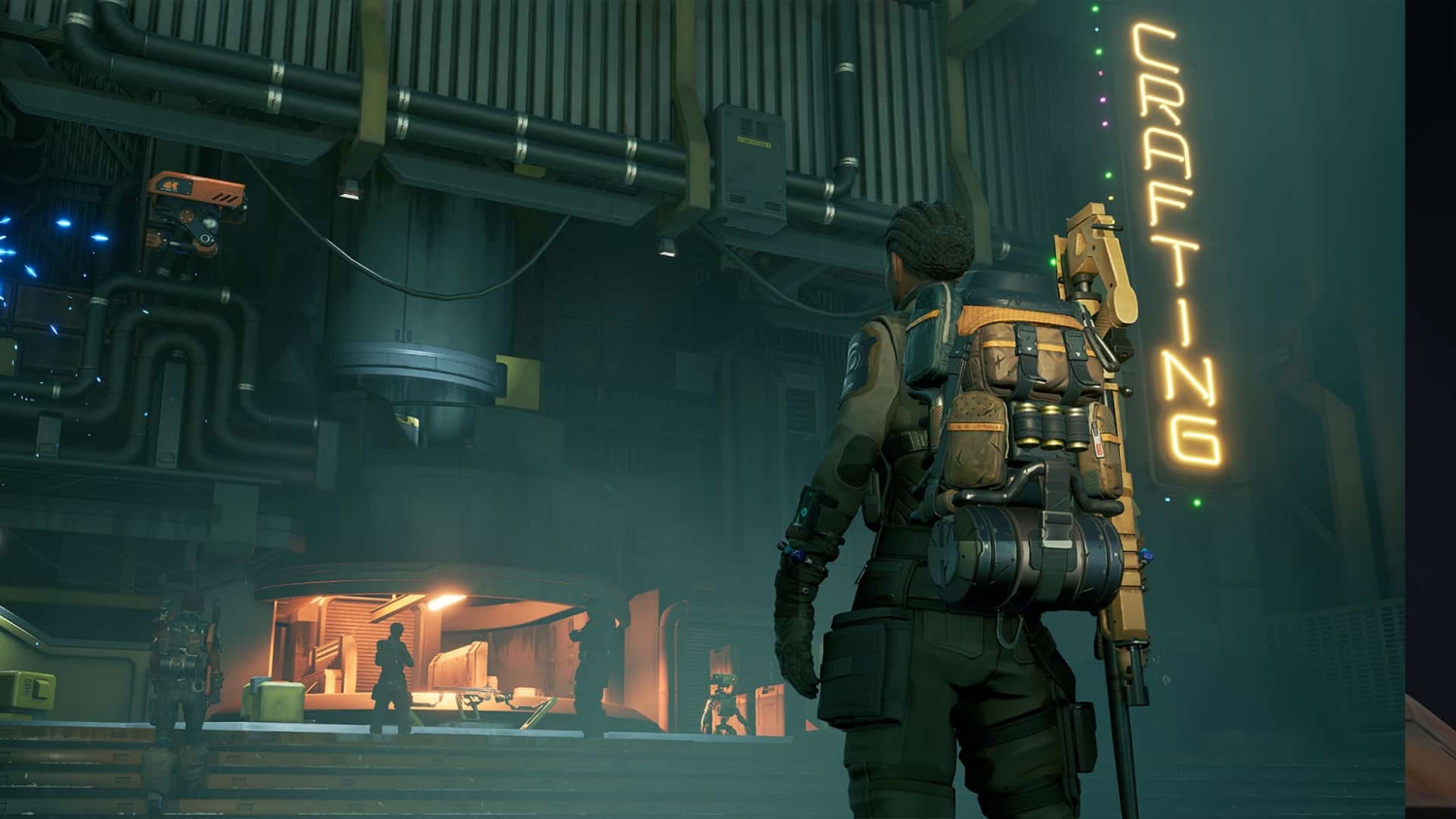 Character with large backpack and rifle standing inside industrial building near a glowing crafting station sign