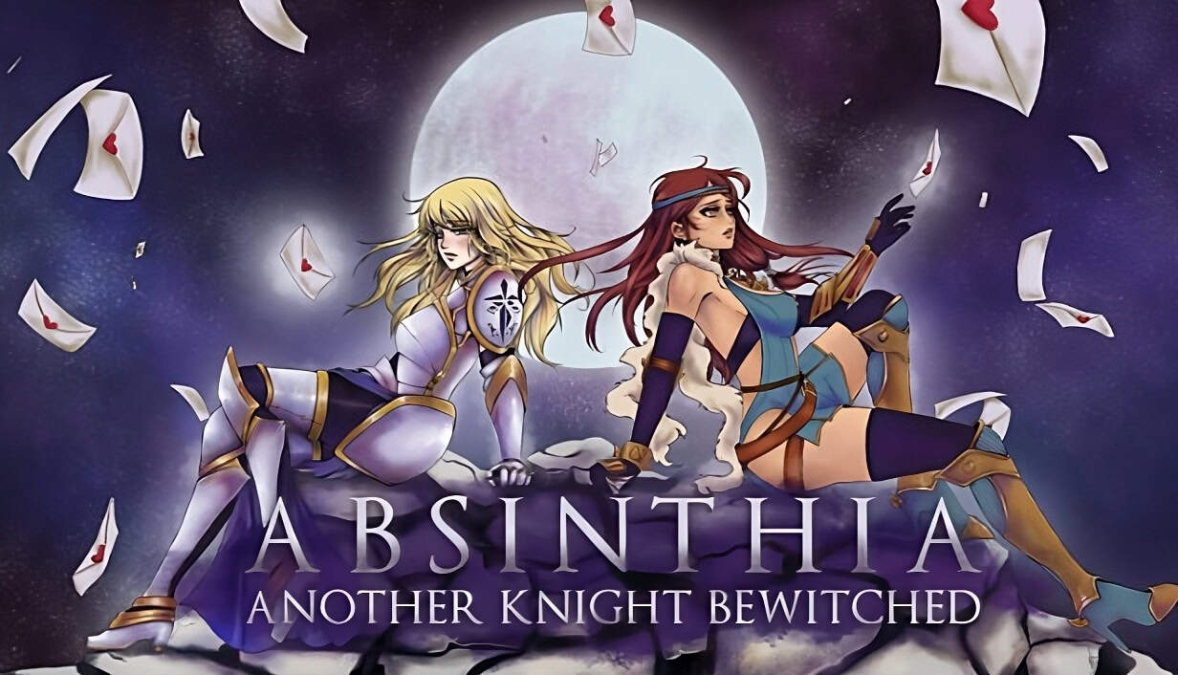 Two female characters in fantasy attire seated back-to-back under a full moon with scattered love letters around them