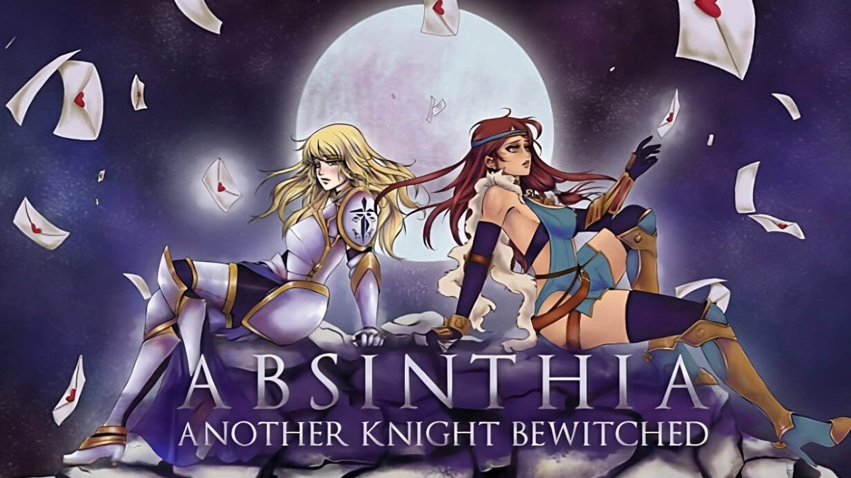 Two female characters in fantasy attire seated back-to-back under a full moon with scattered love letters around them