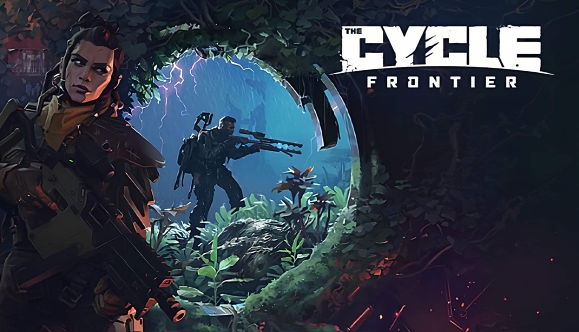 Two armed characters in a dense alien jungle environment with The Cycle Frontier logo