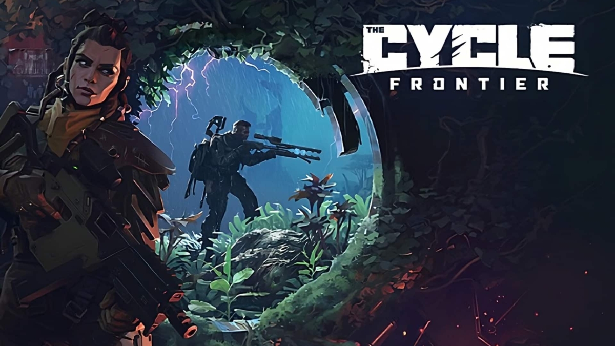 Two armed characters in a dense alien jungle environment with The Cycle Frontier logo