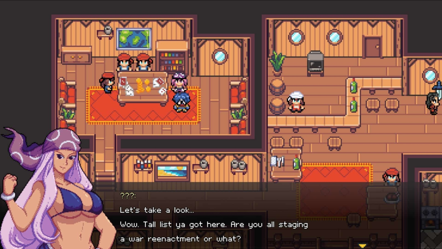 Pixel art characters in a wooden tavern with a purple-haired woman in a blue bikini speaking dialogue