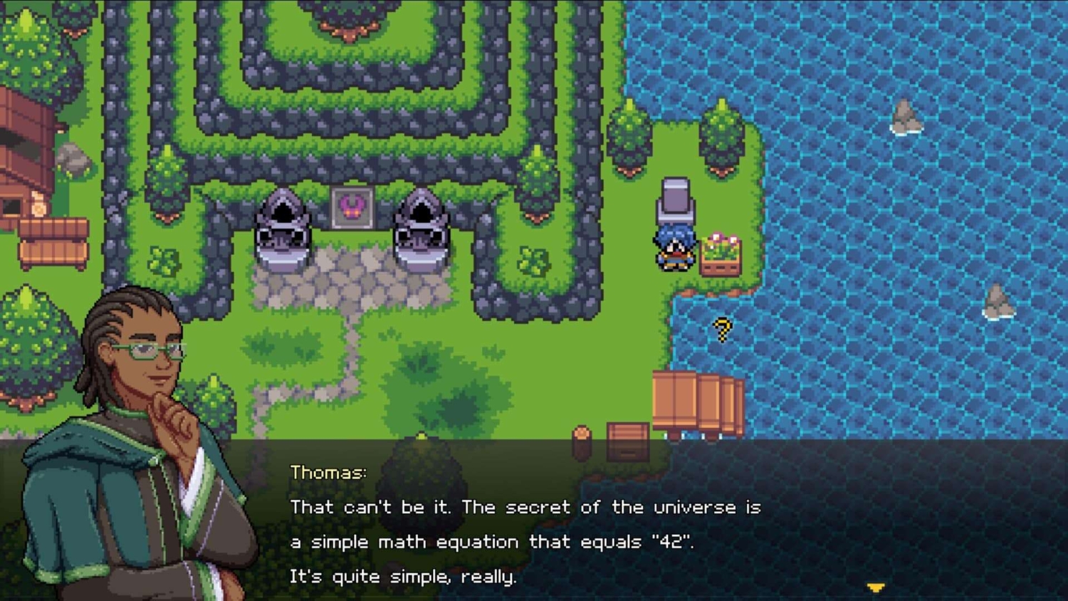 Pixel art game scene with character Thomas speaking beside a river and garden maze