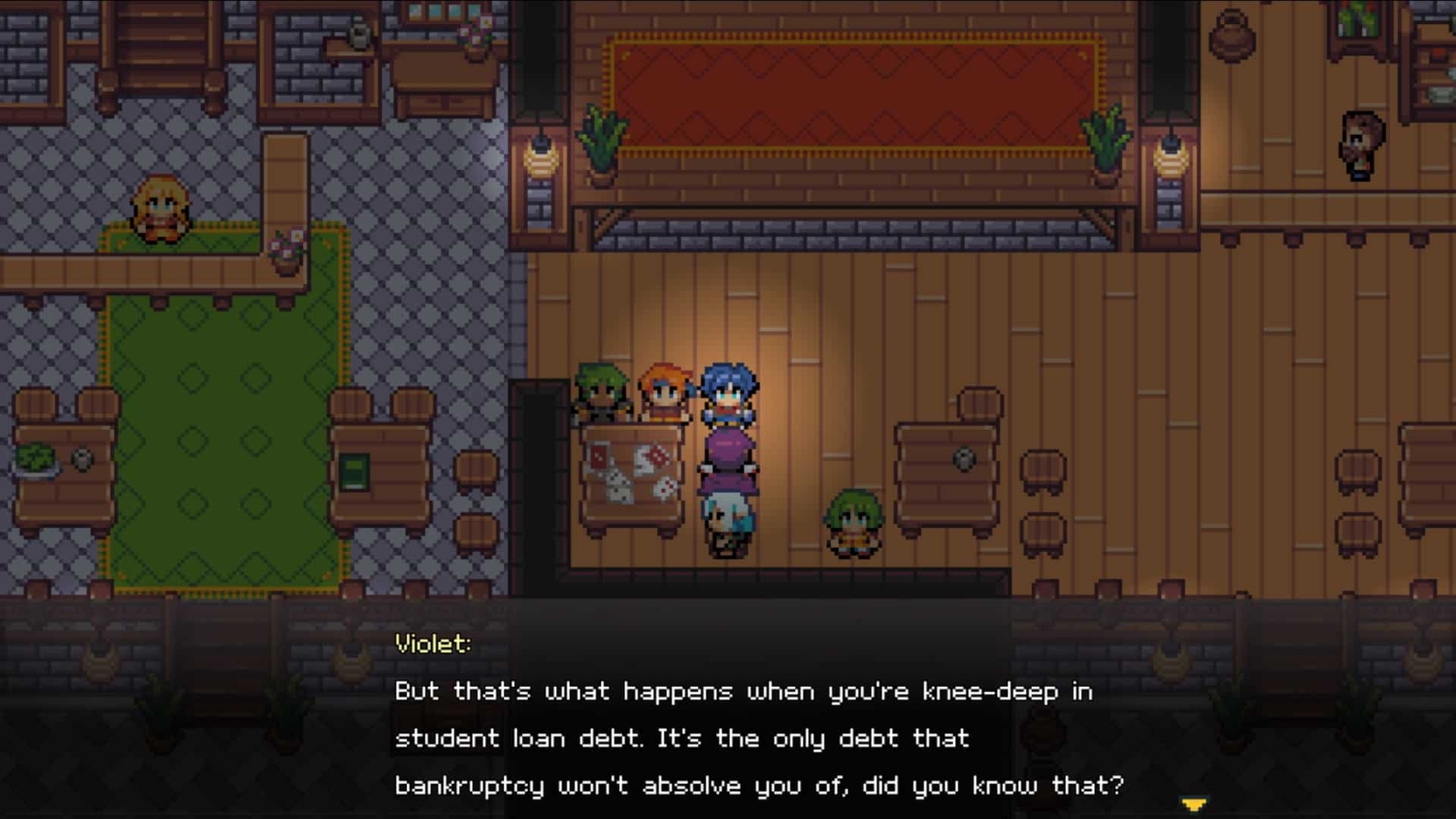 Pixel-art characters gathered around a wooden table covered with papers in a rustic room with stone and wooden flooring.