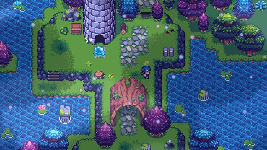 Pixel art character standing near a tall stone tower on a grassy island surrounded by water and purple trees