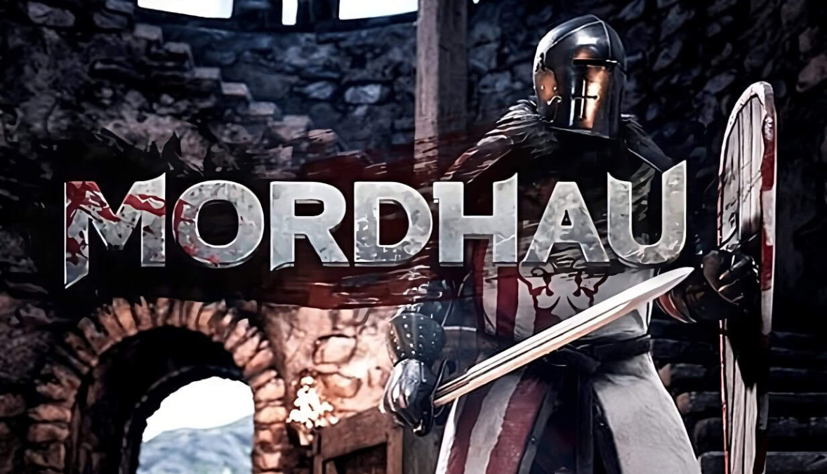 Armoured knight holding a sword and shield stands in front of ancient stone walls with 'MORDHAU' text overlaid