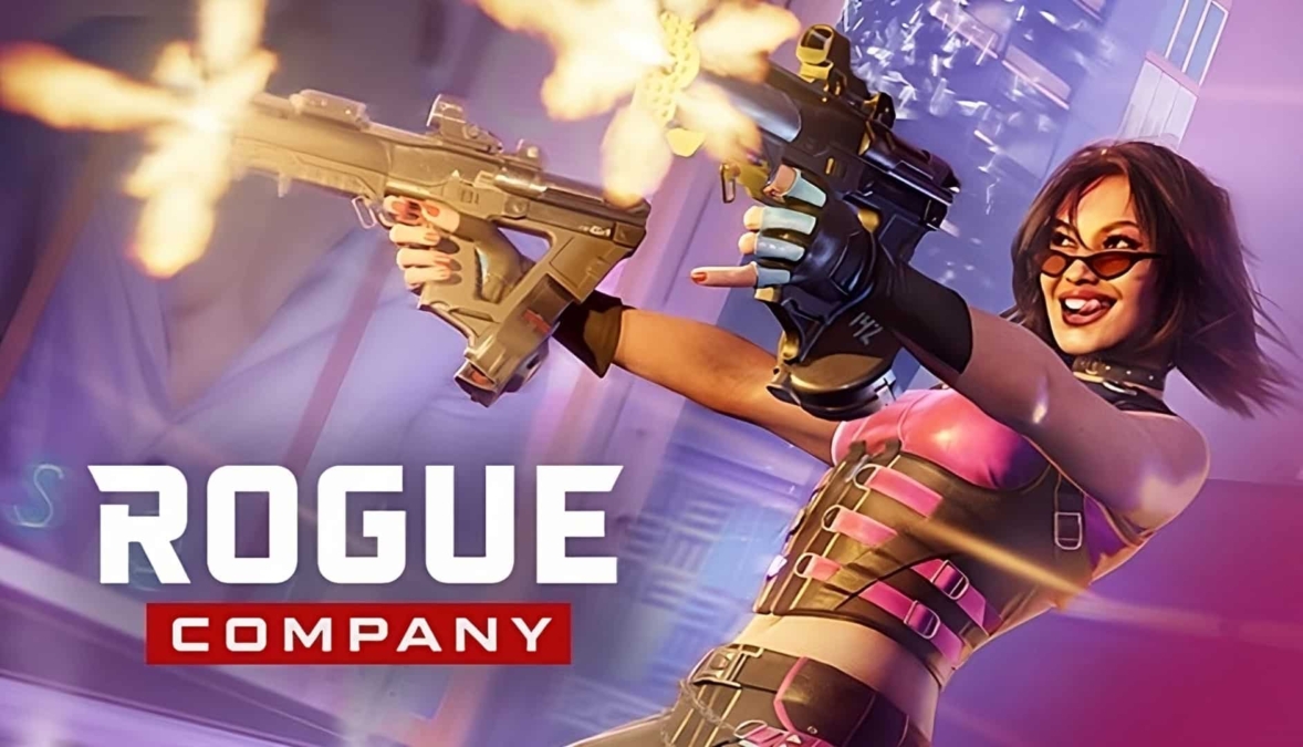 Animated female character wearing sunglasses and tactical gear firing two pistols with muzzle flashes