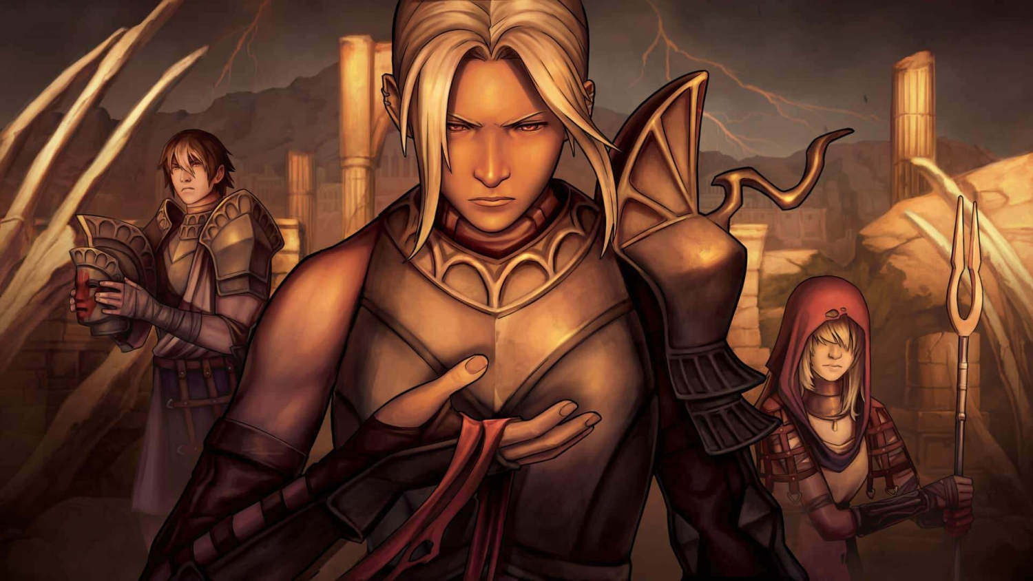 Three fantasy warriors in detailed armour standing amid shattered stone pillars and a jagged mountain backdrop