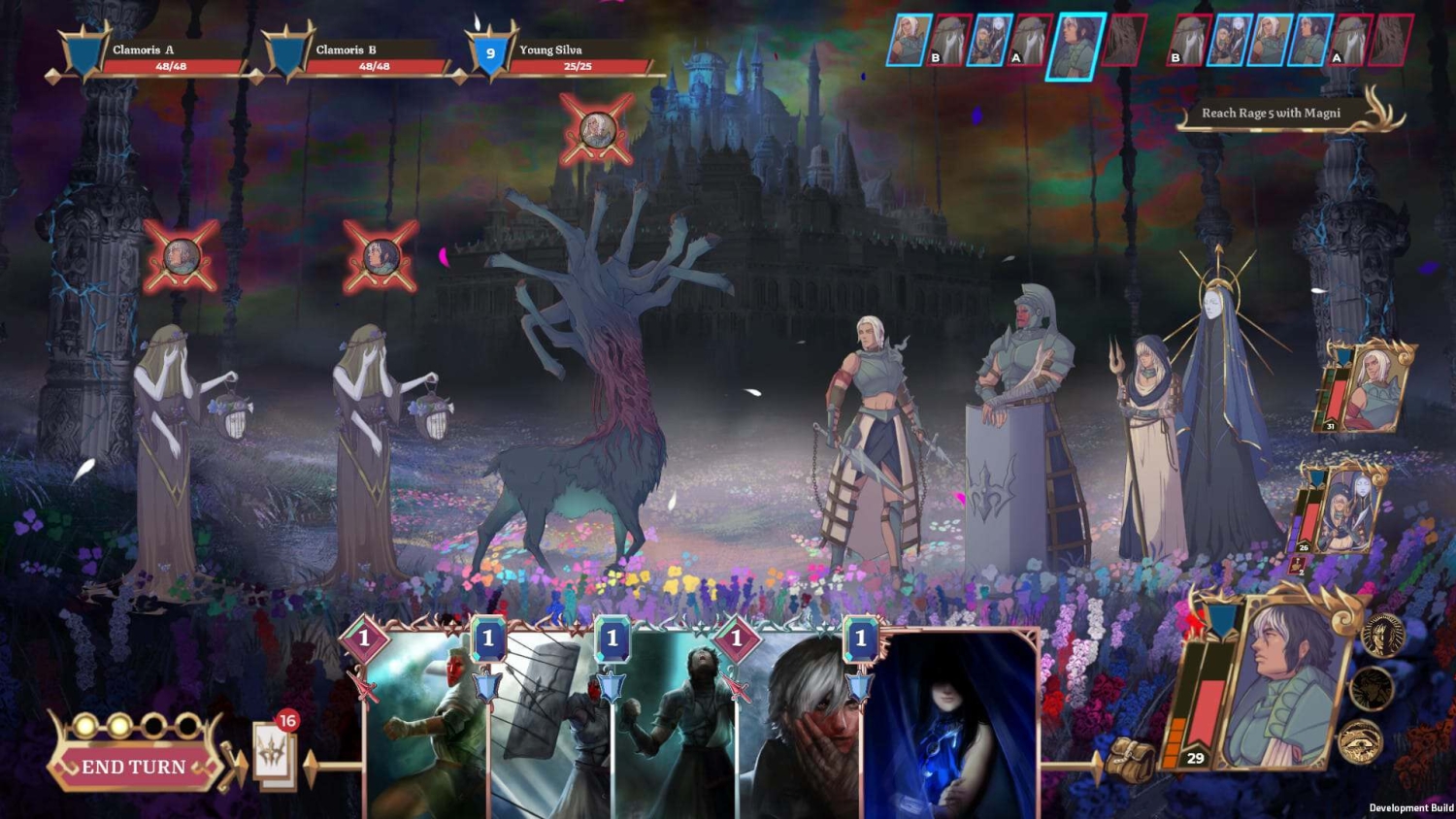 Turn-based fantasy game battle with characters, cards, and status bars on a floral battlefield