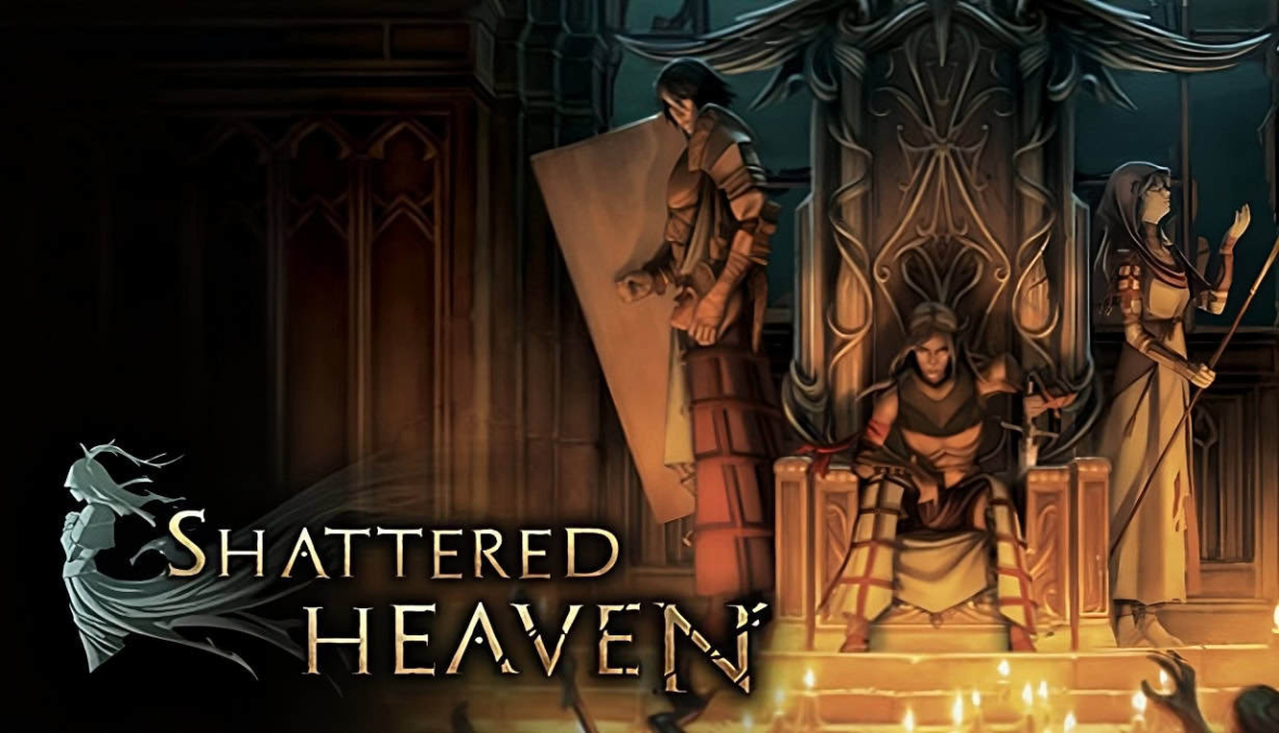 Three medieval fantasy characters in armor around a throne with ornate gothic details and candles