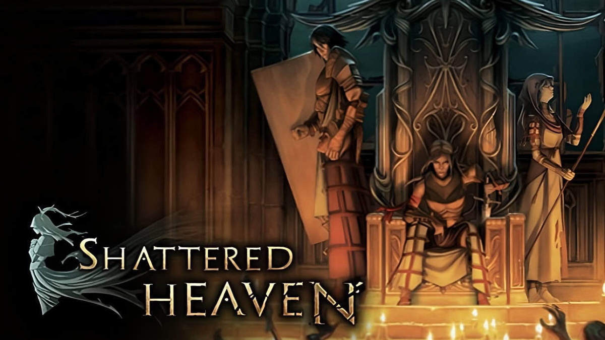 Three medieval fantasy characters in armor around a throne with ornate gothic details and candles