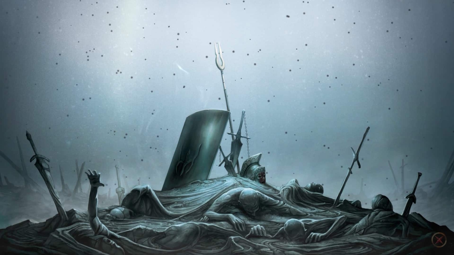 Dark fantasy art of fallen warriors trapped under shadowy tendrils in a misty battlefield