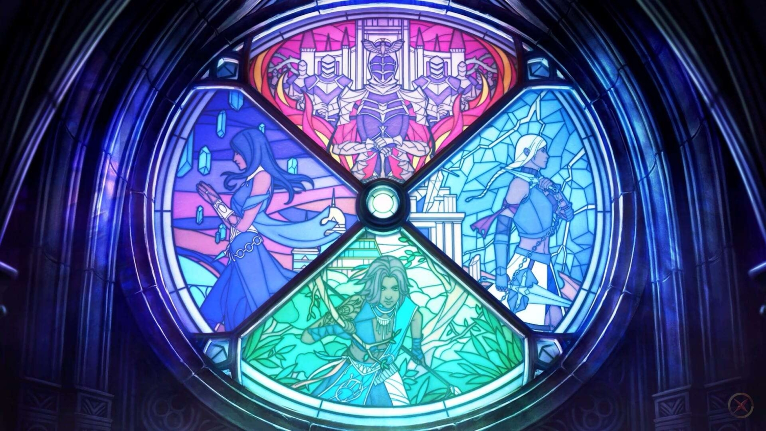 Circular stained glass window with four panels depicting fantasy characters in armour and robes, in vibrant colours