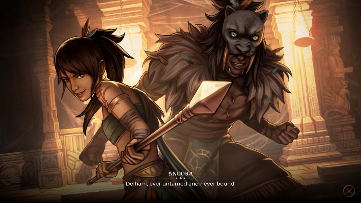Two fantasy characters stand back to back inside a glowing temple, one wielding a spear, the other wearing a panther mask and fur cloak.